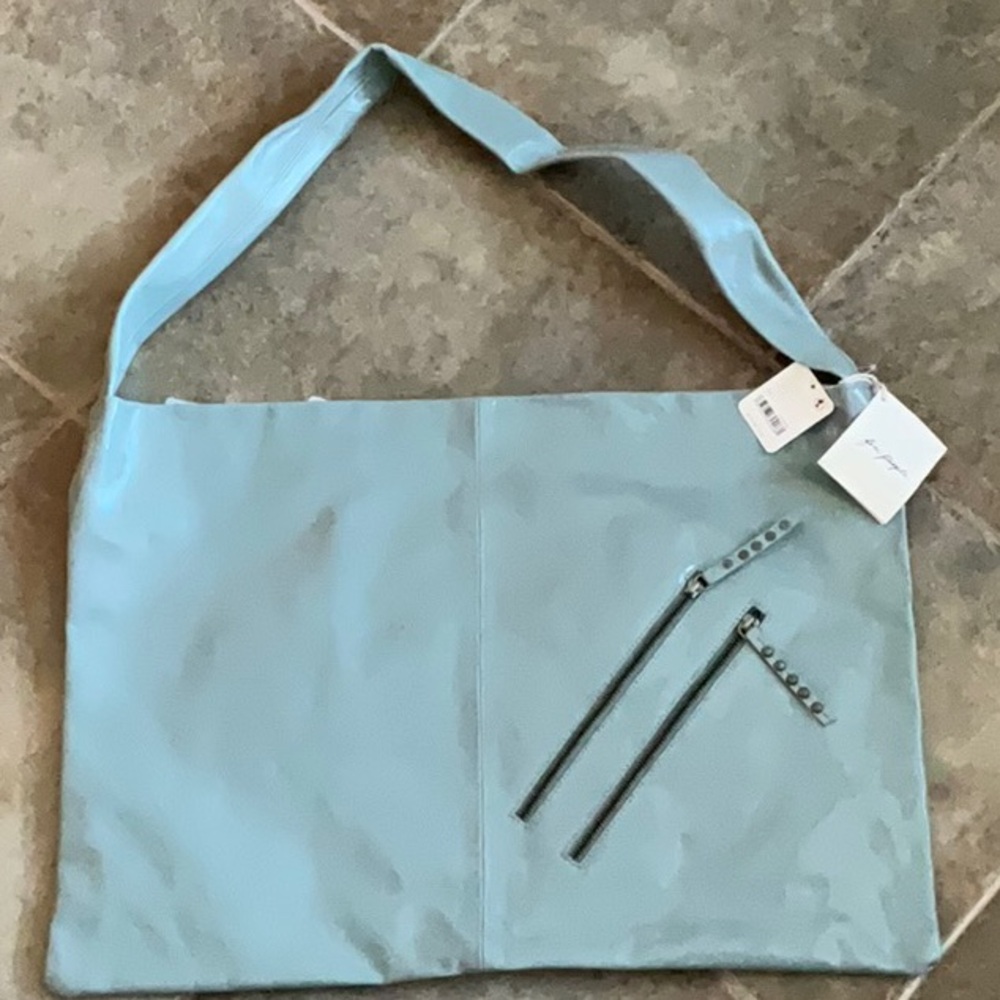 NWT Free People Patent Perfect Carryall Tote Shoulder Bag Lt Green/Blue